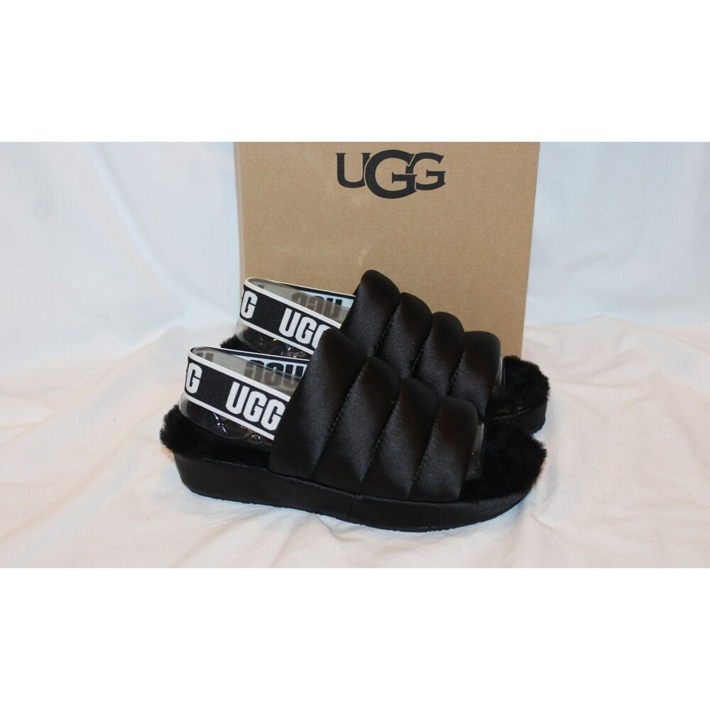 NIB UGG YOUTH 5 WOMEN'S 6.5-7 BLACK FLUFF YEAH SLIP ON SHEARLING SLIPPER